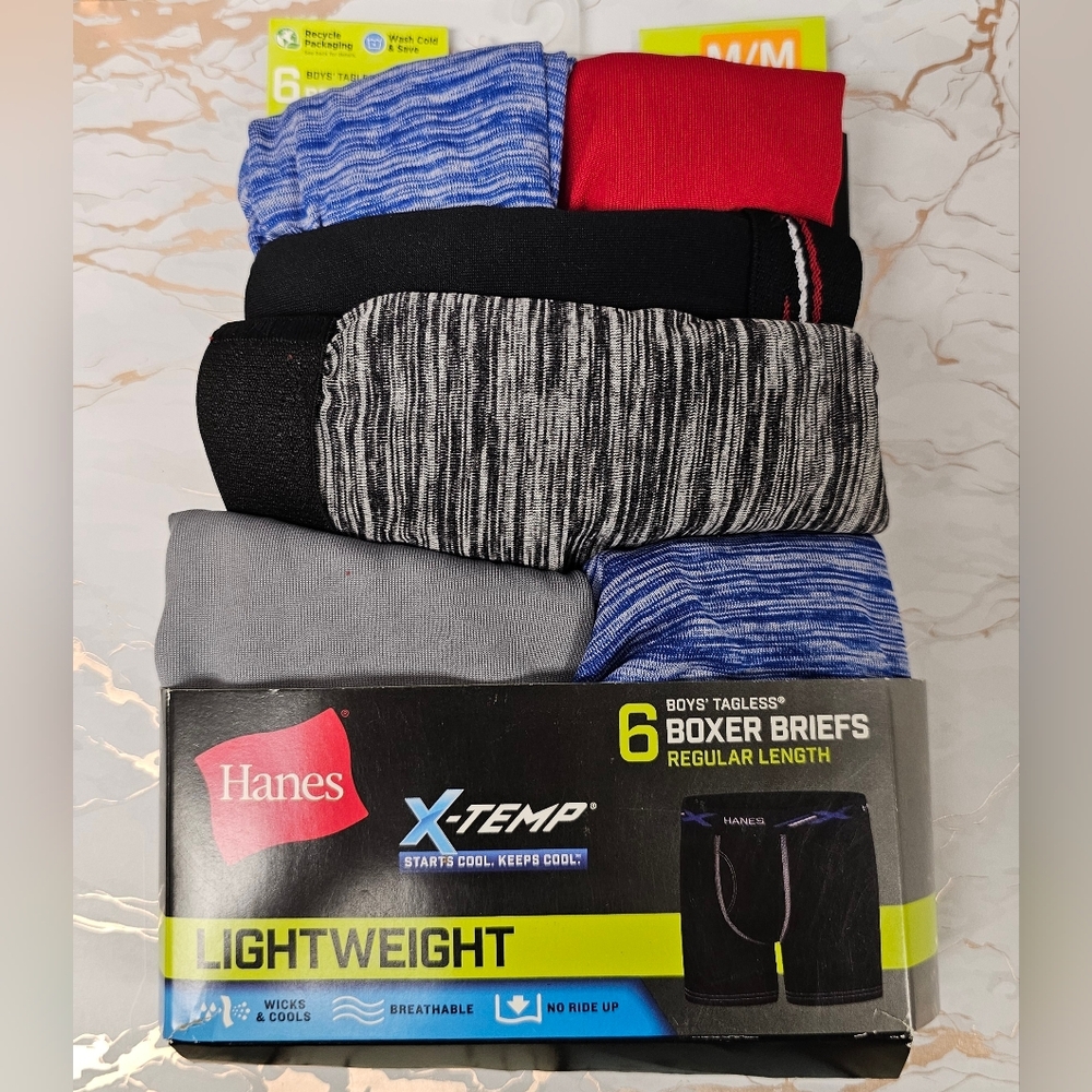 Hanes X-Temp Boys' Boxer Briefs - Black, Blue, Gray, Red. 6 PACK